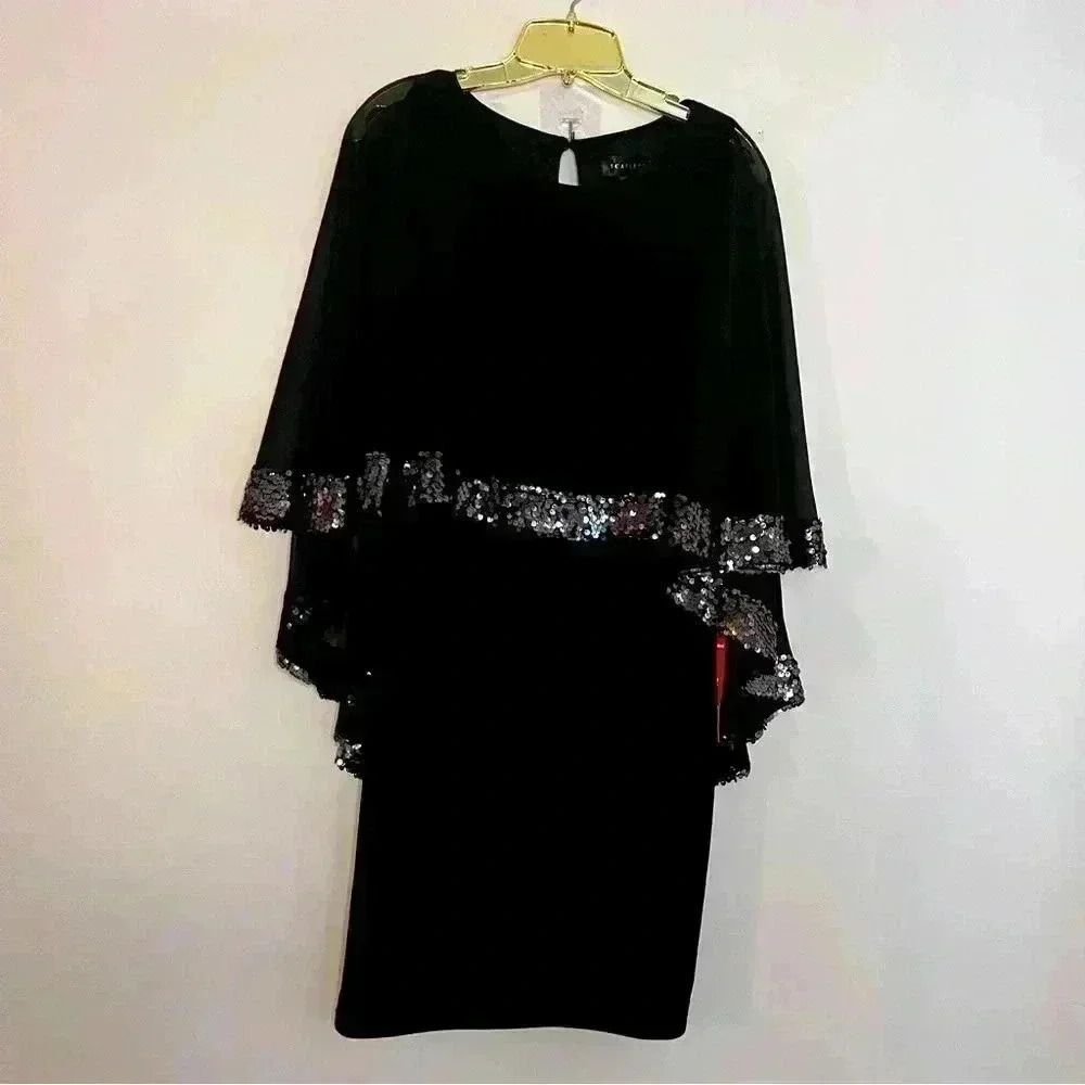 Scarlett Black Sequin Cape Overlay Party Dress, Size 10, NWOT